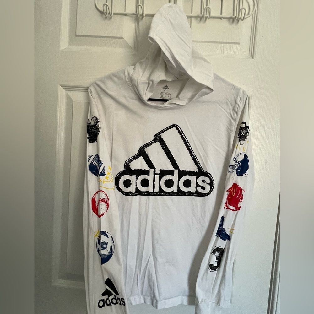 Adidas White Hoodie with Graphic Sleeves - Boy XL (18~20)